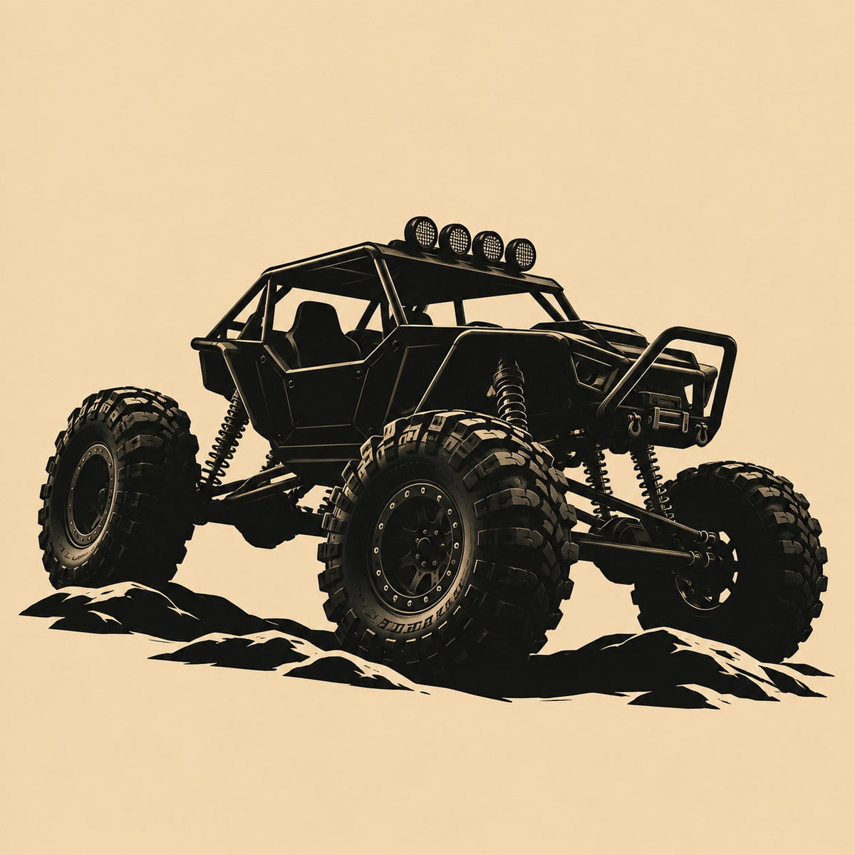 Illustration of an RC rock crawler on rough ground