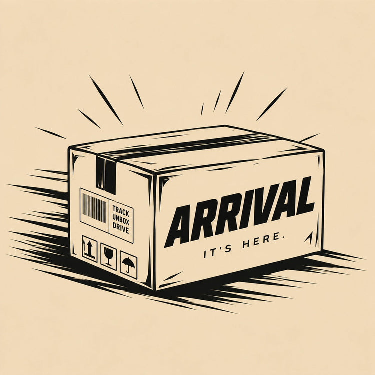 Illustration of a shipping box marked new arrivals