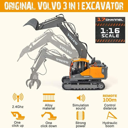 Double E Volvo 1:16 3 in 1 Attachment Remote Control Excavator