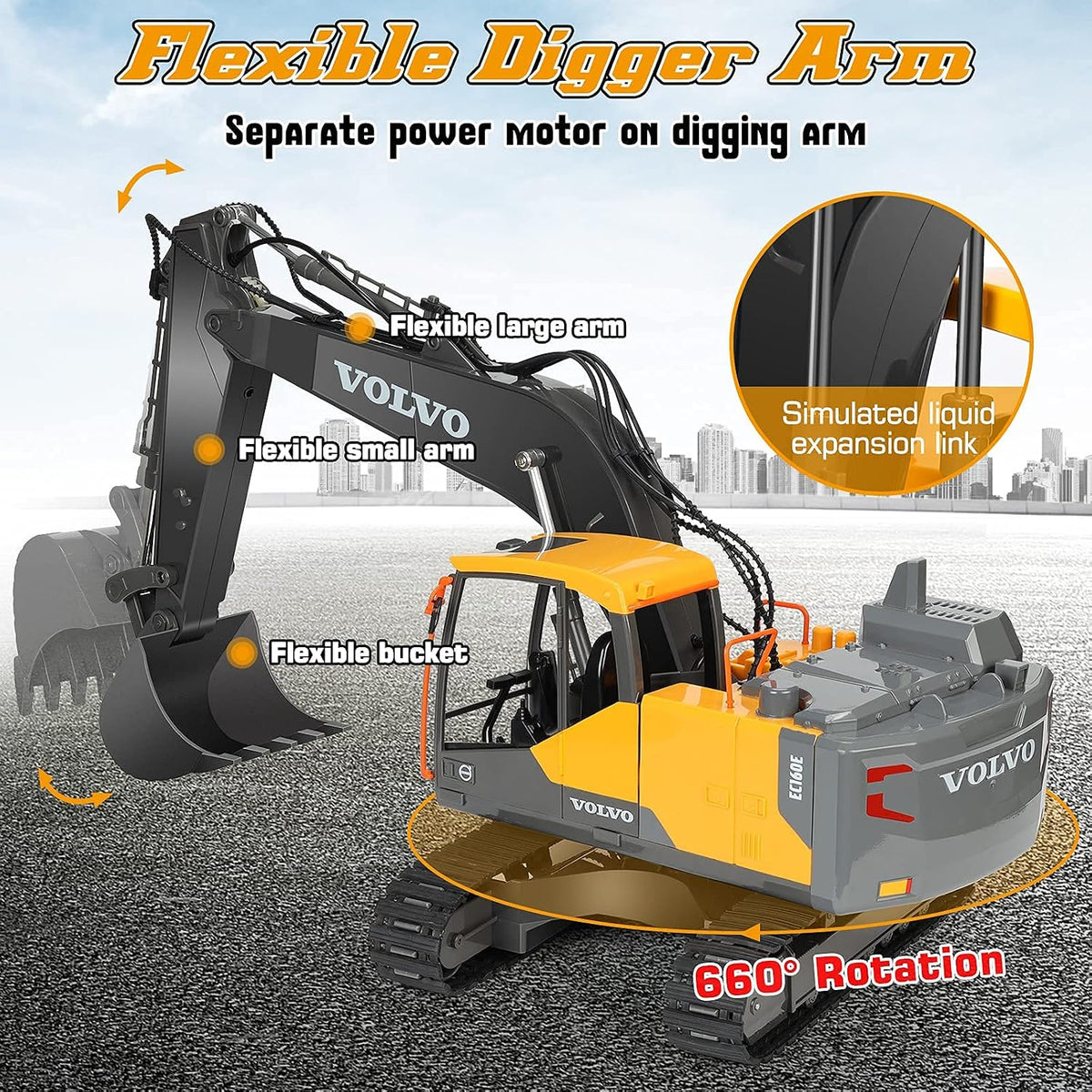 Double E Volvo 1:16 3 in 1 Attachment Remote Control Excavator