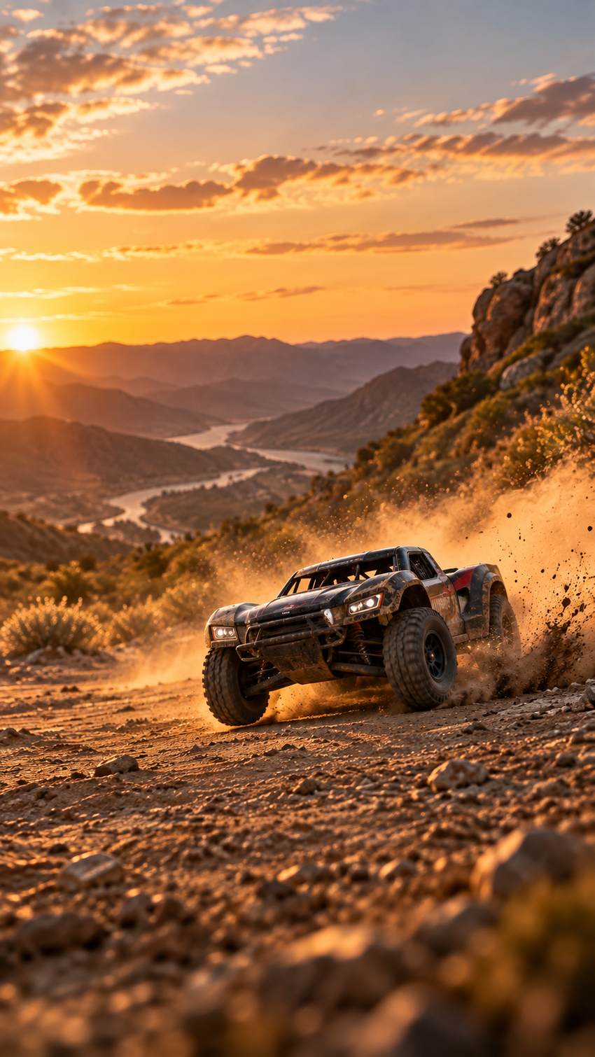 An RC short course truck kicking up dust on a desert trail at sunset